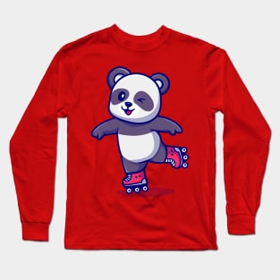 Cute Panda Palying Roller Skate Cartoon Long Sleeve T-Shirt